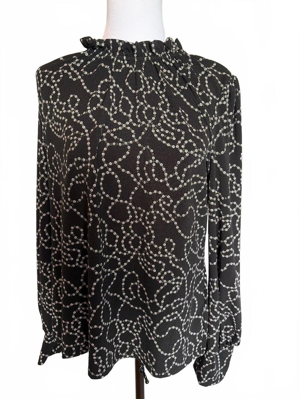 Adrianna Papell Women L Floral Chain Blouse Black White Sophisticated Elegant